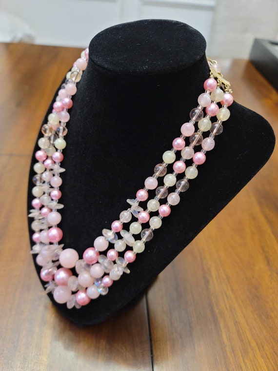 Pink Beads 3 Strand 1950s Graduated Necklace Japa… - image 5