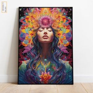 May include: A colorful digital painting of a woman with long blue hair and a flower crown. The woman's eyes are closed and she appears to be in a state of meditation. The background is a dark, abstract design with swirling colors and shapes.