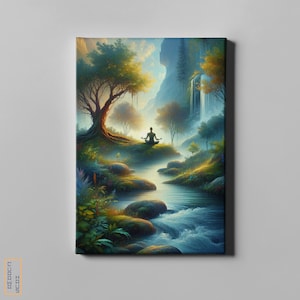 May include: A painting of a person meditating in a lush green forest with a waterfall in the background. The person is sitting on a rock with their legs crossed and their hands in their lap. The forest is filled with trees, plants, and flowers. A stream flows through the forest, and the water is clear and blue.
