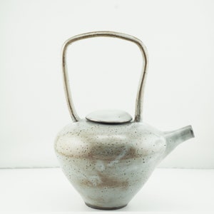 May include: A white ceramic teapot with a speckled glaze and a unique handle design. The teapot has a rounded body and a spout on the side.