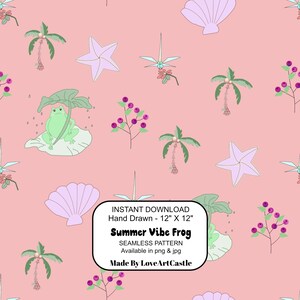 Summer Vibe Frog, Dragonfly, Sea-star, Coconut-Tree, Berry, Shell, Hand-drawn, Seamless Pattern, Digital Paper, Instant Download