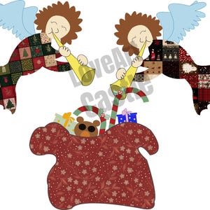 May include: Illustration of two angels playing trumpets, with light blue wings and brown hair. They wear patchwork dresses in red, green, and black. A red sack filled with gifts, a teddy bear, and candy canes sits below.
