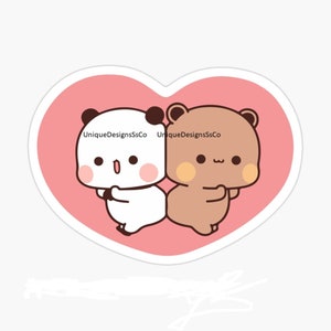 May include: A pink heart-shaped sticker with a white panda and a brown bear hugging each other. The panda has black ears and eyes, and the bear has brown ears and eyes. The text "UniqueDesignsSsCo" appears on both characters.
