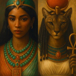 Puede incluir: Retrato dividido en dos. Una mujer con cabello oscuro, que lleva un tocado turquesa y un collar turquesa en capas con un colgante. La otra es una figura con cabeza de gato adornada con un orbe rojo y sosteniendo un ankh.