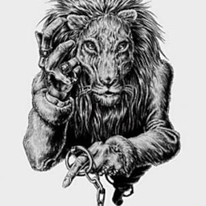 May include: A black and white illustration of a lion-like creature with a human-like hand holding a chain. The creature has a fierce expression and is wearing a long coat. The text "05/72 Marbas" is written below the image.