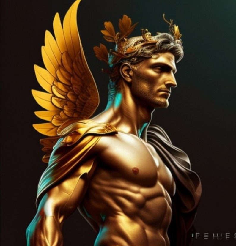 May include: A golden statue of a figure with wings and a crown of leaves. The figure has a muscular build and is depicted with a serious expression.