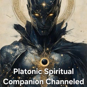 May include: Digital art of a celestial being with a dark, textured appearance, adorned with stars and a golden halo. The image features the text "Platonic Spiritual Companion Channeled Message."