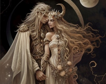 Puede incluir: Una pareja en un entorno de fantasía, la mujer lleva un vestido blanco con una corona dorada y el hombre lleva una túnica blanca con una corona dorada. Están de pie frente a una luna creciente y una luna llena.