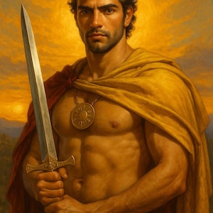 May include: A painting of a man with a sword, wearing a red cap, a gold cape, and a medallion. The background is a warm, golden sunset. The man is muscular with dark hair and a beard.