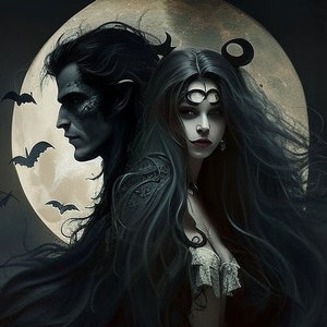 Op de afbeelding: Een donkere fantasy-illustratie van een man en een vrouw met lang zwart haar, staand voor een volle maan. De man heeft een puntig oor en de vrouw draagt een zilveren hoofdband met een halve maan ontwerp.