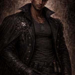 May include: A dark-haired person wearing a black leather jacket with a large collar and decorative embellishments. The jacket is buttoned and worn over a dark gray shirt. A silver chain and dog tag are visible. The person is also wearing black leather gloves.