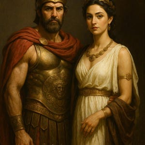 May include: A classical painting depicts a man and woman in ancient Greek attire. The man wears a gold helmet, armor, and a red cloak. The woman is in a white dress, gold jewelry, and a laurel wreath. The artwork has a dark background.