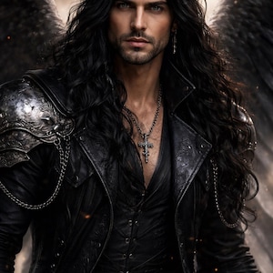 May include: A portrait of a person with long, dark hair and piercing eyes, wearing a black leather jacket with intricate details and a silver cross necklace. The person has dark angel wings in the background, creating a dramatic and fantasy-inspired aesthetic.