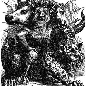 Può includere: Un'illustrazione in bianco e nero di una creatura mostruosa con una testa umana che indossa una corona, una testa di toro, una testa di ariete e un corpo di leone.