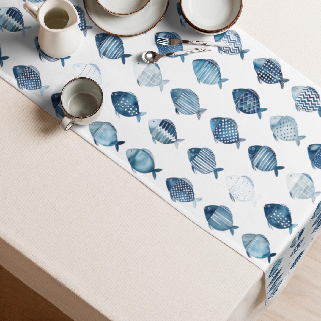Blue Fish Table Runner, Coastal Table Print Decor, Nautical Kitchen ...
