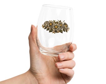 Gold Floral Stemless Wine Glass, Neutral Flower Glass, Elegant Botanical Drinkware, Minimalist Wine Glass, Bridesmaid Gift, Wedding Glass