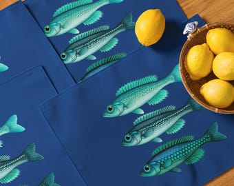 Fish Placemat Set of 4, Coastal Table Decor, Ocean Kitchen Mat, Beach House Dining Set, Waterproof Easy Clean Table Mats