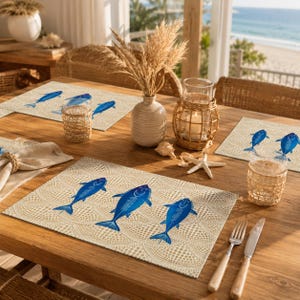 Coastal Fish Placemat Set, Beach House Table Decor, Nautical Dining Placemat, Ocean Coastal Kitchen Decor, Seaside Marine Table Setting