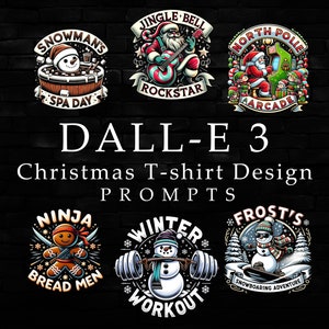 Op de afbeelding: Zes kleurrijke kerst-T-shirt-ontwerpen met illustraties van een sneeuwpop in een bubbelbad, een kerstman die gitaar speelt, een kerstman die een arcade-spel speelt, een peperkoekman met zwaarden, een sneeuwpop die gewichten heft en een sneeuwpop die snowboardt. De tekst op de ontwerpen omvat "Snowman's Spa Day", "Jingle Bell Rockstar", "North Pole Arcade", "Ninja Bread Men", "Winter Workout" en "Frost's Snowboarding Adventure".