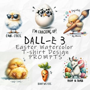 May include: A set of six watercolor illustrations featuring Easter-themed characters. The illustrations include a chick wearing sunglasses, a chick hatching from an egg, a chick holding a paintbrush, a chick sleeping, a carrot with a face, and a bunny rabbit doing the dab.