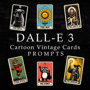 Dall-E3 e ChatGPT Guida rapida / Tarocchi vintage dei cartoni animati con testo, Crea carte AI uniche / Immagini gratuite incluse / Uso commerciale
