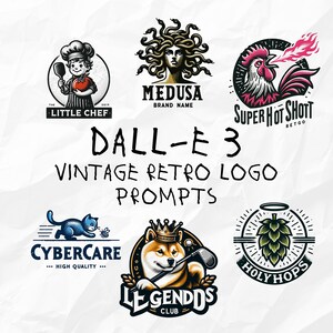 Puede incluir: Una colección de seis diseños de logotipos retro vintage con varias ilustraciones y texto. Los logotipos incluyen un chef, una medusa, un gallo, un gato, un perro y un lúpulo. El texto incluye "Little Chef", "Medusa", "Super Hot Shott", "Cybercare", "Legendds" y "Holy Hops".