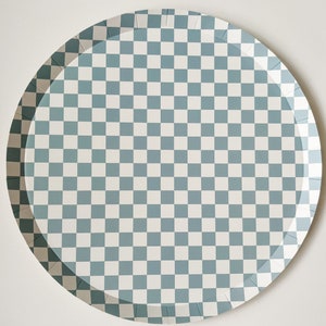 May include: A round paper plate with a blue and white checkered pattern. The plate has a scalloped edge and is designed for serving food. The plate is made of paper and is disposable.