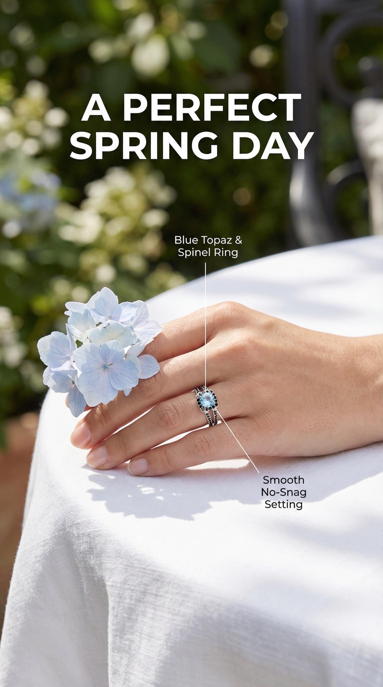 Blue Topaz and black spinel Sterling Silver Ring, Size 8