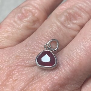 May include: A silver pendant with a red gemstone in a triangular shape.