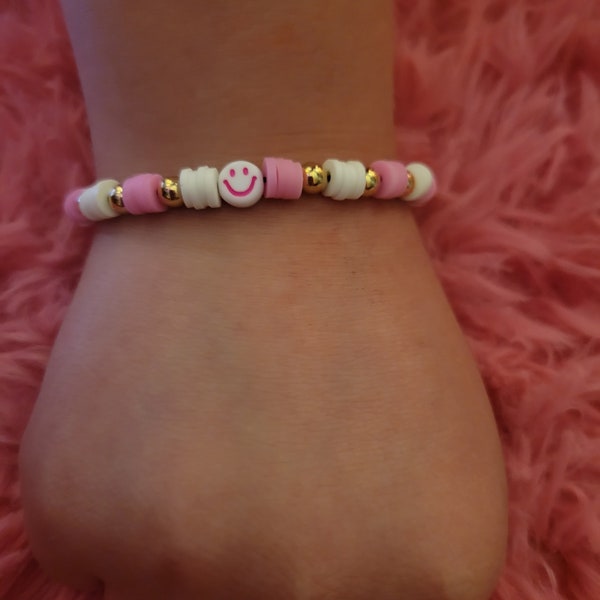 Pink and white clay bead bracelet
