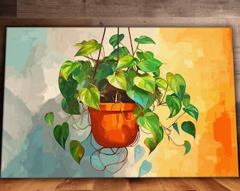 Hanging Pothos Wall Art, Golden Pothos Canvas, Plant Lover Gift, House Plant Painting, Plant Wall Art, Ready To Hang Canvas, Botanical Art