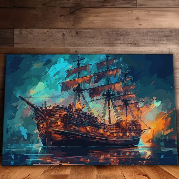 Piratenschiff Wandkunst, Schiff Leinwand, Segelschiff Malerei, moderne Wanddekoration, fertig zum Aufhängen, Leinwanddruck, Geschenk, Meer