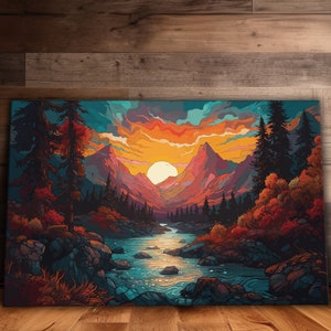 Sunset on Mountain Wall Art, Rocky Mountain Canvas, Meadows and River Art, Ready to Hang Canvas Print, Nature Lover Gift