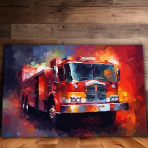 Fire Truck Abstract Wall Art, Ready to Hang Canvas, Gift, Boy Room Decor