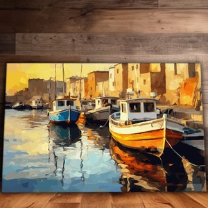 Fishing Boats in Marina Wall Art, Fishing Boats Canvas, Harbor Painting, Nautical Art, Boat Lover Gift