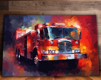 Fire Truck Abstract Wall Art, Ready to Hang Canvas, Gift, Boy Room Decor