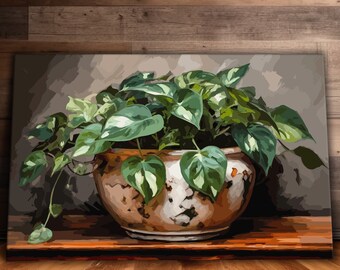 Marble Queen Pothos Abstract Wall Art, Botanical House Plant Canvas, House Plant Paintings, Plant Wall Art, Ready to Hang Canvas Print, Gift