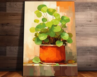 Pancake Plant Abstract Wall Art, Botanical House Plant Canvas, House Plant Paintings, Plant Wall Art, Ready to Hang Canvas Print, Gift