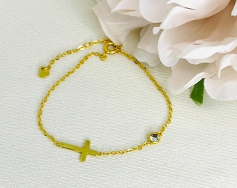 Gold Cross Bracelet, Crystal Gem, First Communion Gift