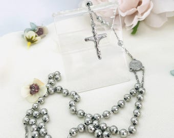 Silver Bead Rosary, First Communion Confirmation Gift