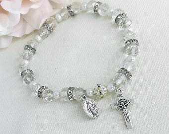 First Communion Bracelet, Silver Crucifix, Crystal & Pearl Rosary