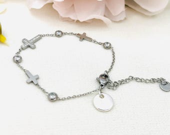 First Communion Bracelet, Stainless Steel Cross, Crystal Charms