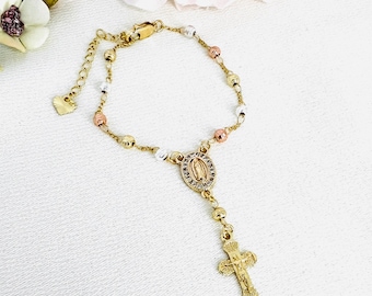 Gold Plated First Communion Rosary Bracelet, Virgin Mary, Cross