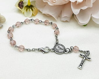Pink Glass Bead Rosary Bracelet, First Communion Gift