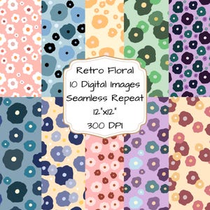 Nahtloses digitales Papier, Retro Floral, Scrapbook-Papier zum Ausdrucken, Boho-Hintergründe, 10 digitale Bilder, JPEG, 300 dpi, 12 &quot;x 12&quot;