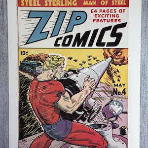Zip Comics Print, Steel Sterling Man of Steel, Vintage Comic Wall Art, Golden Age of Comics Wall Art, Adventure Comics Print, Comic Wall Art