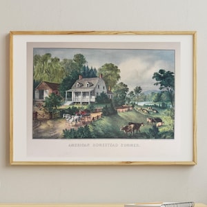 American Homestead Summer OR Spring Print, Currier and Ives Artwork, Currier and Ives Vintage Print, Vintage Wall Art, Double Sided Print