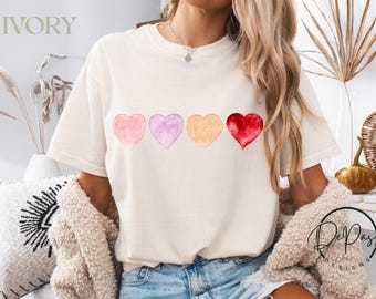 Watercolor Heart Valentine Shirt, Comfort Colors Tee, Pastel Pink Purple Hearts Gift for Her