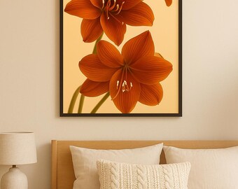 Impresión de flores de amaryllis naranja, arte mural botánico, descarga digital de decoración floral primaveral
