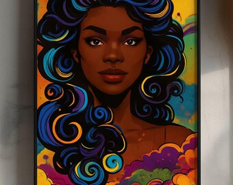 Lámina artística "Black Girl Magic" / Diosa Afro, Rizos Neón (Descarga digital)